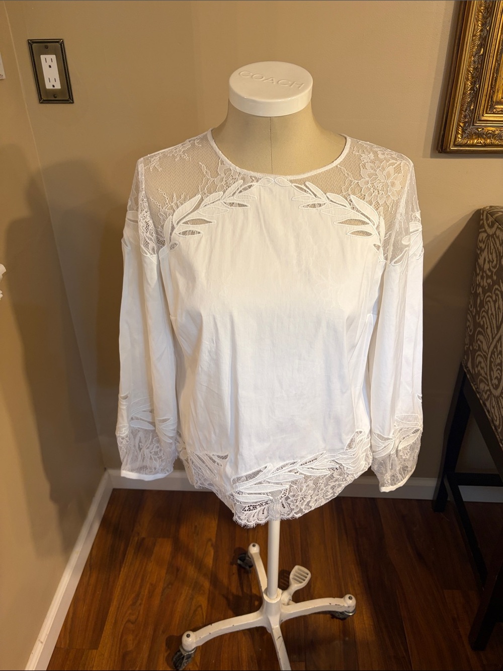 White House Black Market White Lace-Trim Long Sleeve Top